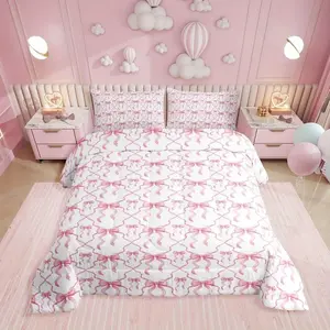 3-piece pink girl bow quilt set (1 quilt + 2 pillowcases), featuring U-shaped quilting. The quilt contains 200gsm filling, suitable for all seasons, breathable, skin-friendly, soft, durable, and machine-washable, Soft Breathable Bedding
