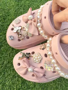 Cute Bowknot & Flower Design Faux Pearl Decor Clogs Charms, 12pcs/set Tower & Crown Design Shoes Charms, Shoes Accessories for Clogs DIY for Women & Girls, Rhinestone Shoe Decoration
