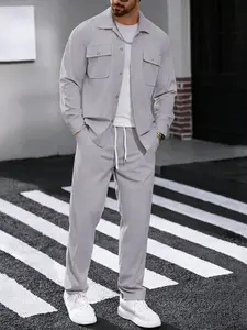 Men's two-piece solid color polo neck button with pockets coat and elastic drawstring waistband sport pants, regular version casual comfortable long sleeve top and, suitable for spring and autumn wear, men's daily clothing.