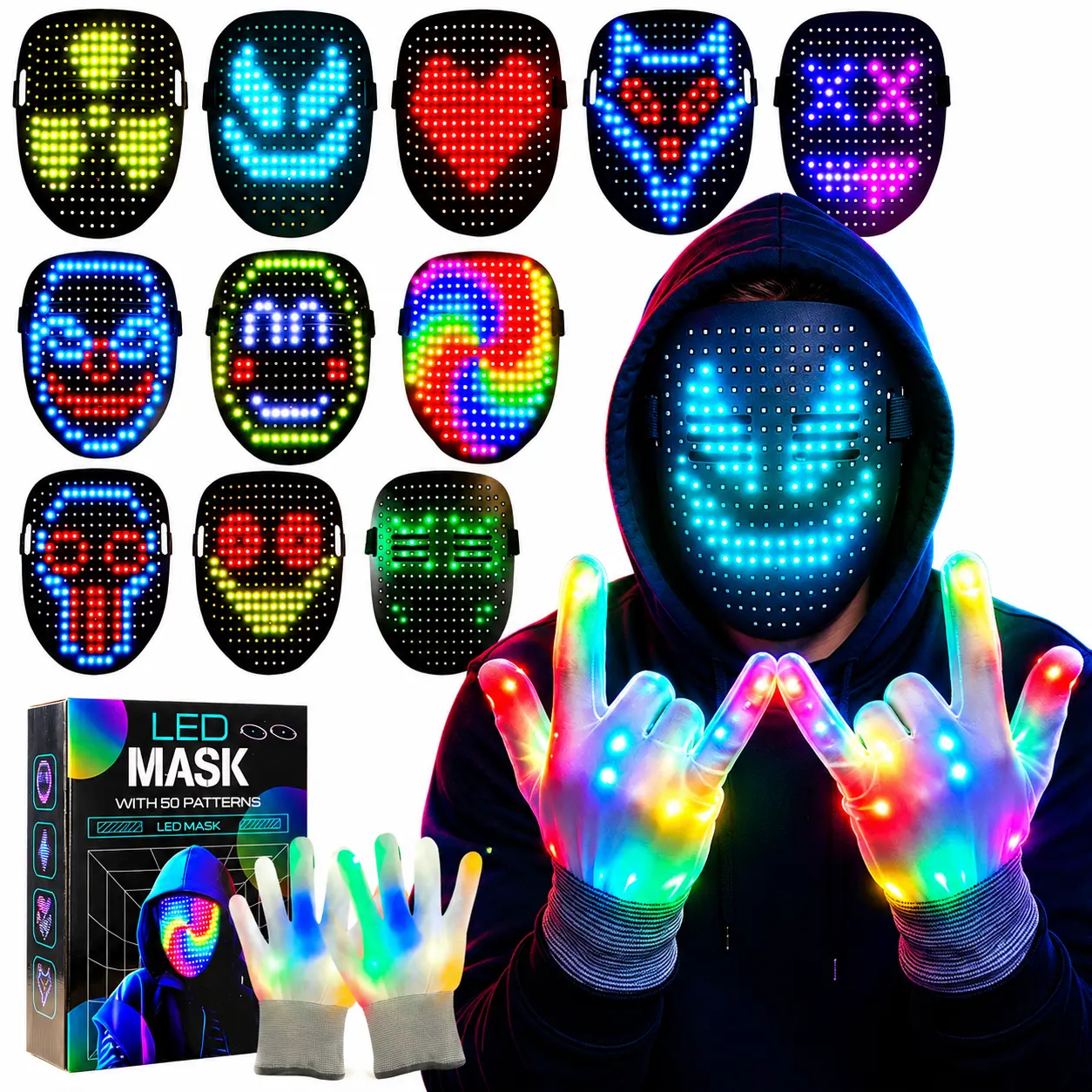 RGB LED Gesture Control Skull Mask & Gloves Set - Holiday Party Accessories, Cosplay Gear, 50 Color-Changing Patterns, Glow-in-Dark, Interactive Design, Lightweight, Ergonomic Comfort, Long Battery Life Gamer Teen Toy Gift