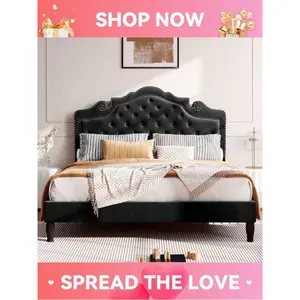 Full/Queen/King Size Bed Frame With Adjustable Velvet Tiara Headboard, Upholstered Diamond Button Tufted Platform Bed, Wood Slats Support, No Box Spring Needed, Black/Grey/White