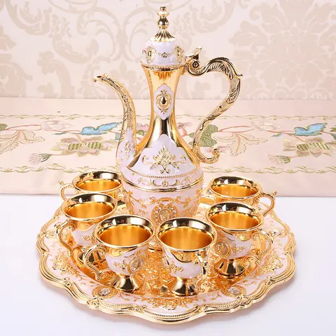 Vintage Gold Traditional Alloy Turkish Tea & Coffee Serving Set - Anti-Break Lid Pot (250ml/8.45oz), 6 Mini Cups, Dragon Handle, Classical Dragon Vintage Tea Sets, Ideal for Wedding Anniversary Housewarming Gifts, Home Kitchen Decor