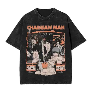 Women's Vintage Washed Chainsaw Man Anime Graphic T-Shirt, 100% Cotton Distressed Unisex Short-Sleeve Baggy Breathable Round Neck Streetwear Top Feat. Denji & Makima, Casual Retro Summer Manga Top