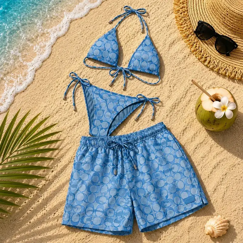 Blue Luxury Couple's Matching Swimwear Set - Signature Swim Co. 2-Piece Bikini & Men's Trunks, 2026 Viral Beach Vacation Gift (Sports & Outdoor Swimwear)