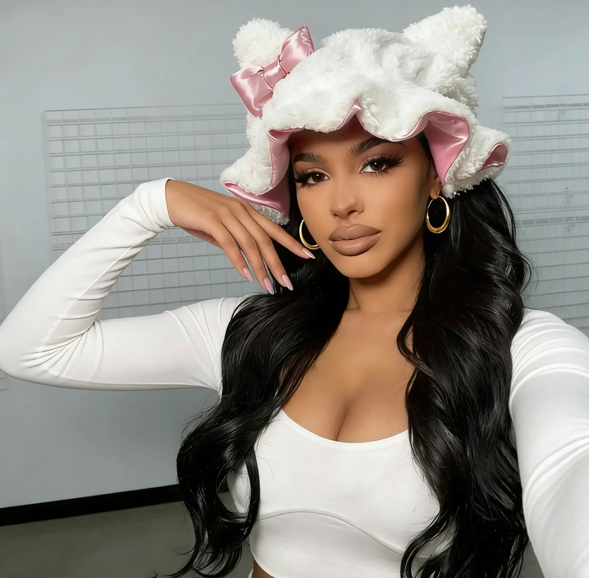 Cute Teddy Plush Hair Bonnet for Women, Reversible Pink & White Satin Lined Sleep Cap, Breathable Brimless Night Cap with Ears, Smooth, Double-Sided