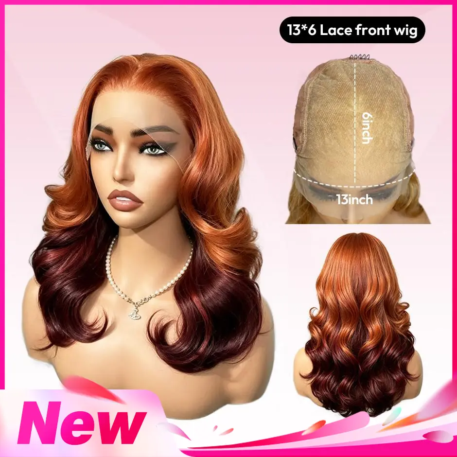 VSIGN Ginger Copper Burgundy Face Framing Layer 13x6 HD Lace Front Wig Middle Length Body Wave Money Piece Chestnut Brown Pink Cream Honey Strawberry Blonde Platinum Heat Resistant Fiber Synthetic Wig Hand Tied Natural Hairline Soft Texture Summer Sale, S