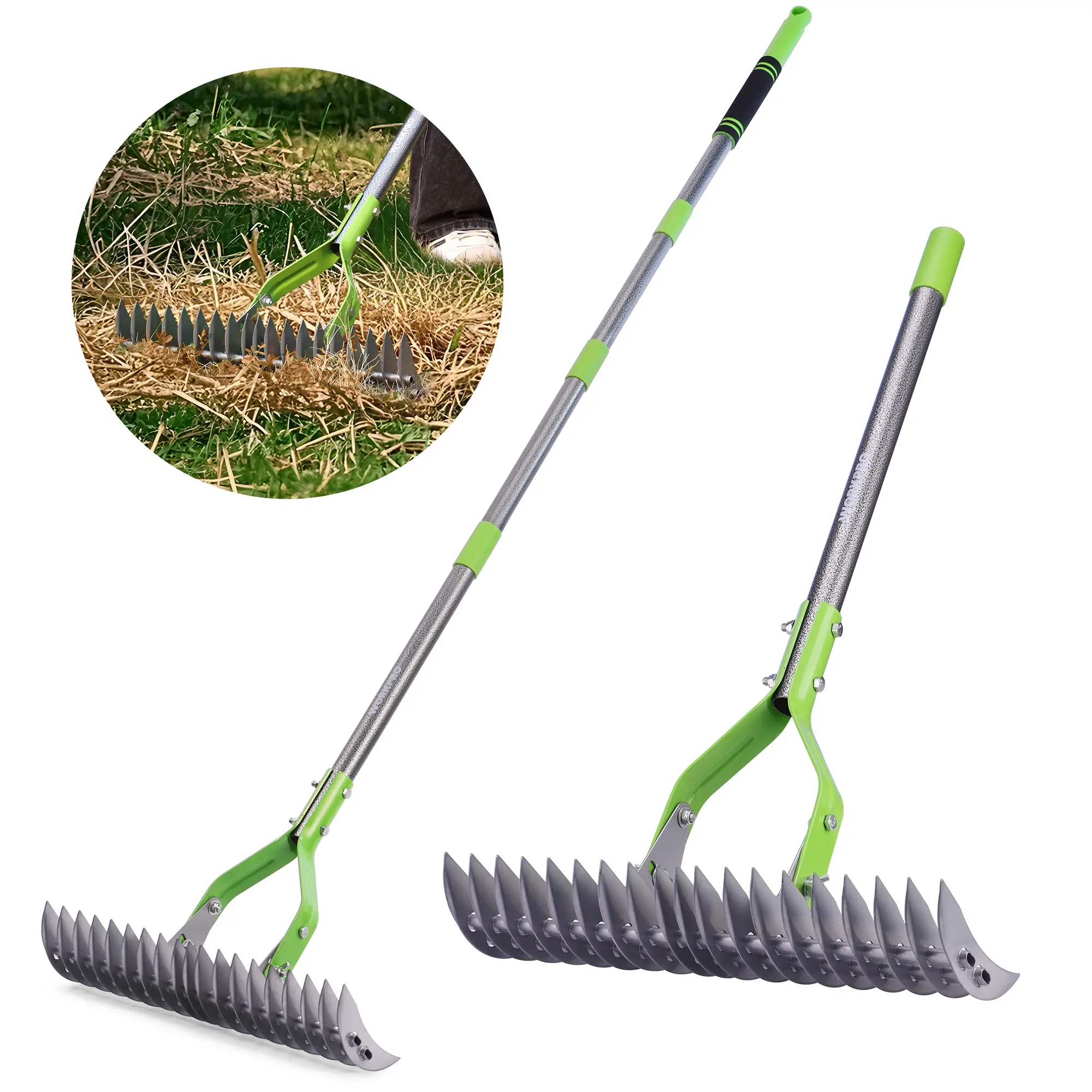 #summersale WORKPRO Thatch Rake, 15-Inch Thatching Rake for Lawns, Heavy Duty Dethatcher Rakes with 5FT Handle, Dethatching Rakes with Adjustable Head for Removing Dead Grass and Clippings, Loosening Soil