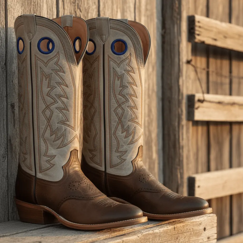 Tony Lama Men’s Classic Leather Henley Buckaroo Cowboy Boots - Style SA2002, Stout Brown/Grey, Rubber Sole, Men’s Shoe, Footwear, Cowhide, Western Heel, Design, Distressed, Brogued Toe, 15" Shaft, Full Welt, Closed, Grey Upper