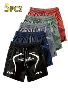 5 Pcs Men's Helstar Print Quick-Dry Shorts, Lightweight Breathable Zip Pocket, Ideal for Gym, Running, Beach, Outdoor Activities
