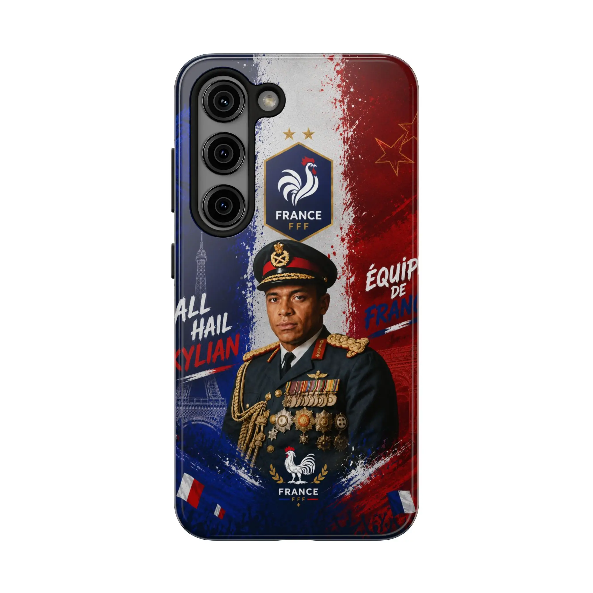 Kylian Mbappe Dictator meme Soccer Phone Case for Apple iPhone & Galaxy | France National Team FFF Crest Cover | 'All Hail' Funny Military Portrait Tech Accessory | Protective Smartphone Case Featuring Grunge Flag Art