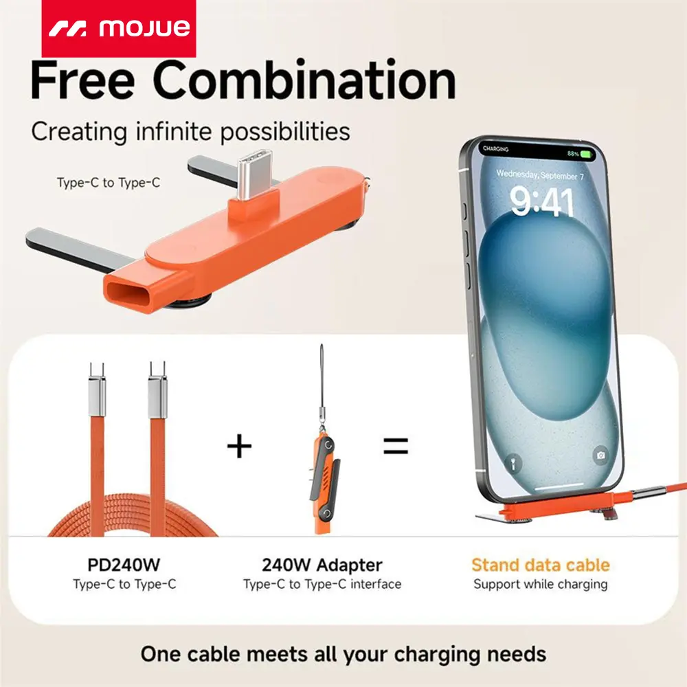 240W SuperCharge 360 Rotating Invisible Stand Detachable 2-in-1 Charging Cable,  Type-C Cable, Compatible with Apple and Samsung, Essential for Gaming, Office and Car Use | Single Head, Set.extend Charger Smartphone