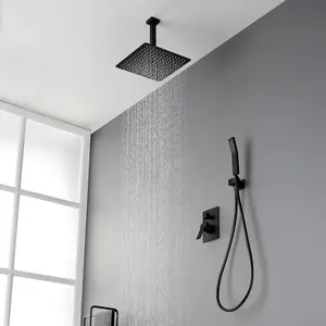 Ceiling Mounted Rain Shower System, Brushed Gold Luxury Brass recessed Shower Faucet Set with 12 Inch ShowerHead and Hand Shower(Including Rough-In Valve Body and Trim), Matte Black