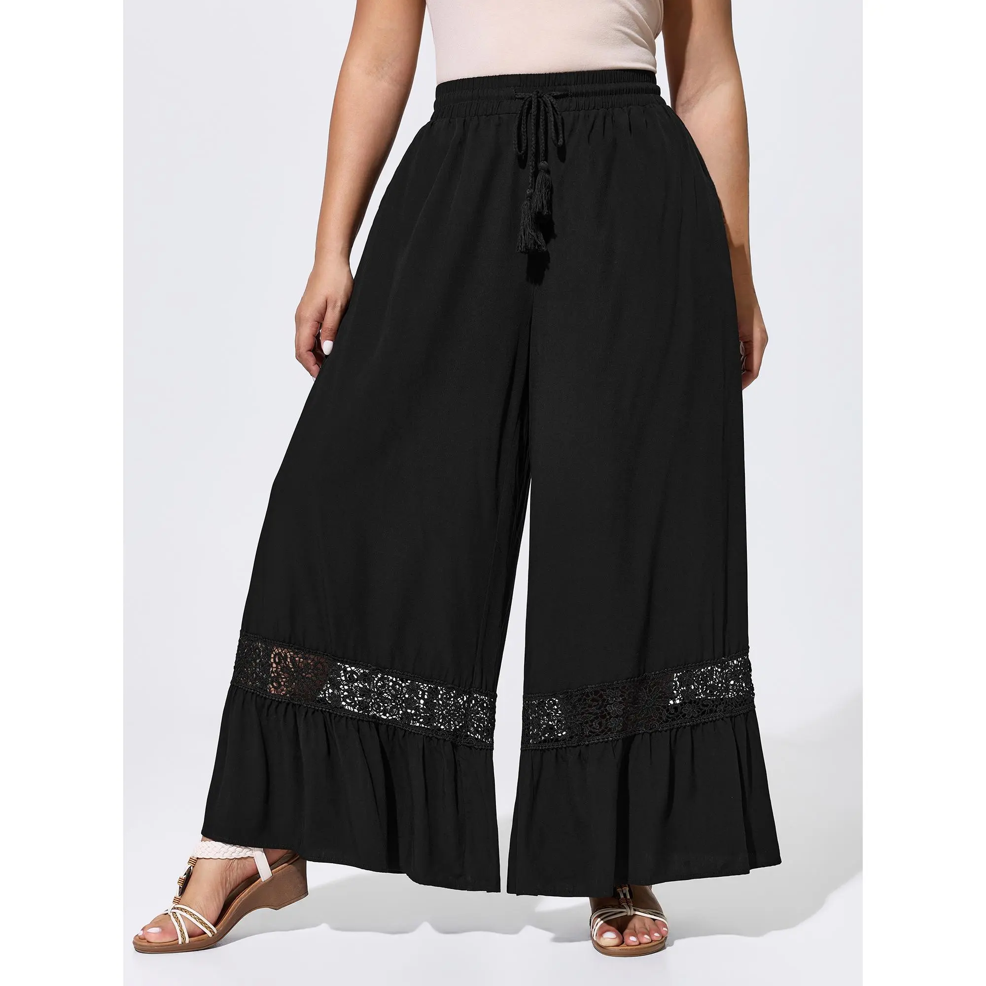 BloomChic Plus Size Boho Lace Ruffled Hem Wide-Leg Pants, Mid Rise Baggy Trousers in Smooth Rayon with Belt and Pockets,Summerfinds