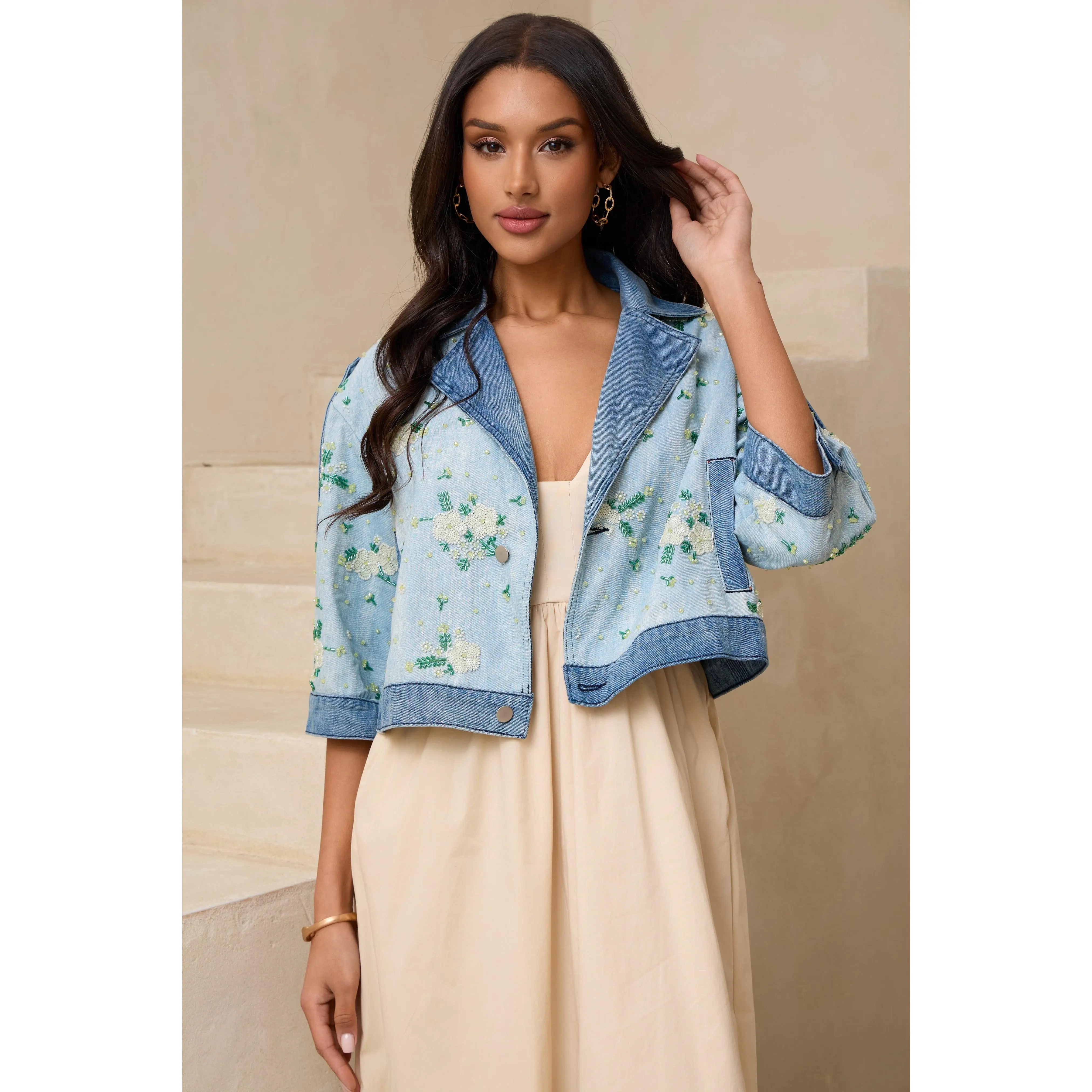 Flower Beaded Short Denim Jacket