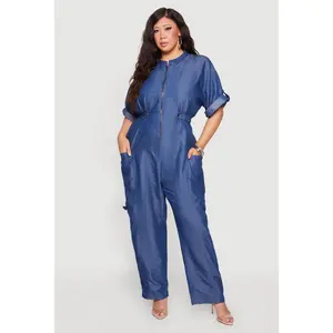 Plus Size Zip Front Mandarin Collar Cargo Pocket Jumpsuit