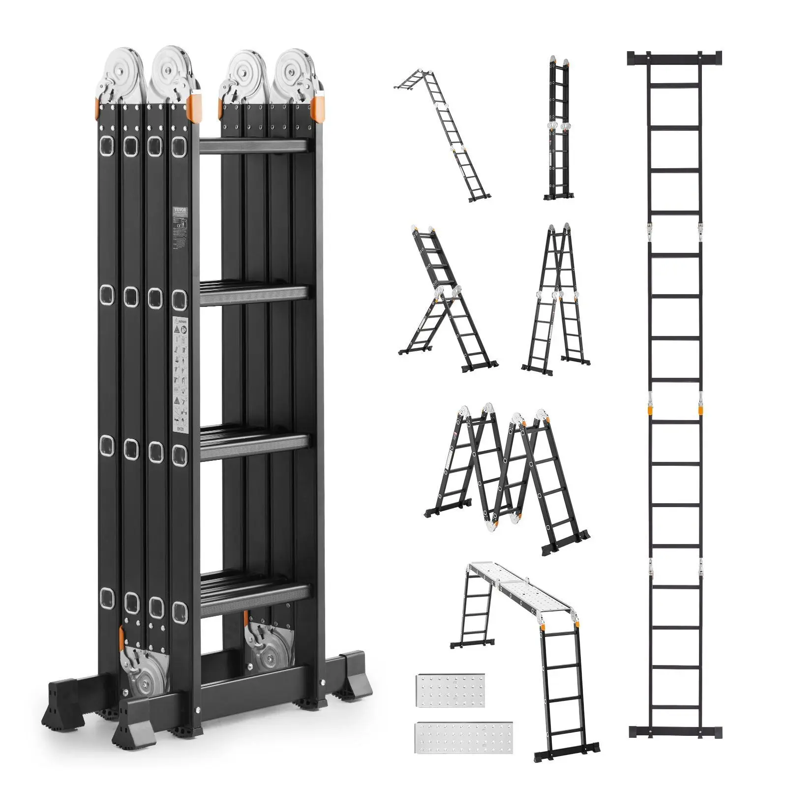 【SummerFinds】VEVOR Multi-Purpose Folding Ladder,  , 7-in-1 Tall Extension Step Ladder, A Frame 4 Step with Scaffolding Plank Telescoping Ladder, 15.5ft Reach Height Heavy Duty , 330 lbs Capacity for Home Outdoor