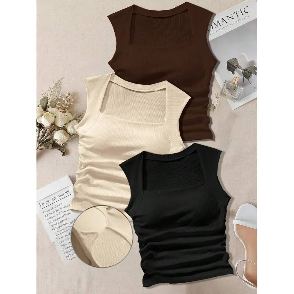 3pcs/Pack Padded Square Neck Bra-Free Slim-Fit Women's Tank Top, Built-In Bra