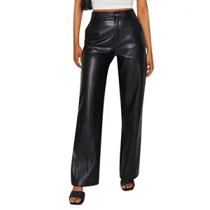 Women’s faux leather pants, solid color, high-waisted straight leg, vintage ’90s streetwear style with pockets; party winter womenswear; black bottoms; polyester/polyamide fabric; brown casual fitted fashion spring