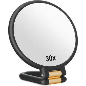 Travel Makeup Mirror with Handle - 1X & 30X Magnifying Double Sided Mirror, Adjustable Folding Stand for Tabletop & Handheld Use, Clear Distortion-Free View for Shaving, Makeup & Skincare Routine (Black)
