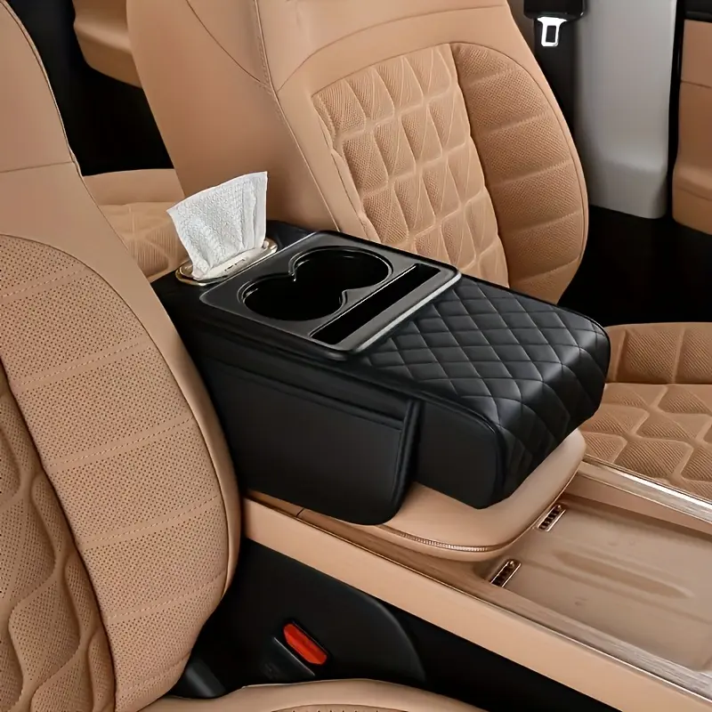 Premium Car Armrest Box Heightening Pad - Nappa Leather 4-in-1 Central Console Organizer with Car Armrest Elbow Pad, Thickened Drink Bottle Compartment, Tissue Dispenser, Stable Installation & Velcro Fit