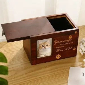 High-quality, pull-out lid solid wood pet urn with photo frame; wooden cat and dog urn, wooden pet funeral supplies, memorial item.