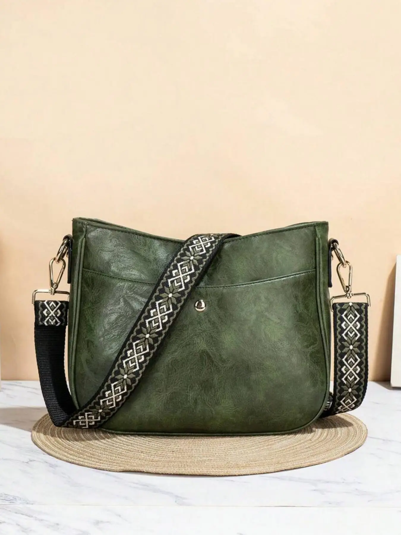 Retro Style Bucket Bag For Women, Strap Crossbody Bag, Vagan Leather Hobo Bag With Guitar Strap Wide Embroidered Purse Straps For Women, Boho Style Adjustable Casual Crossbody Bag, Fashionable Crossbody Shoulder Purses