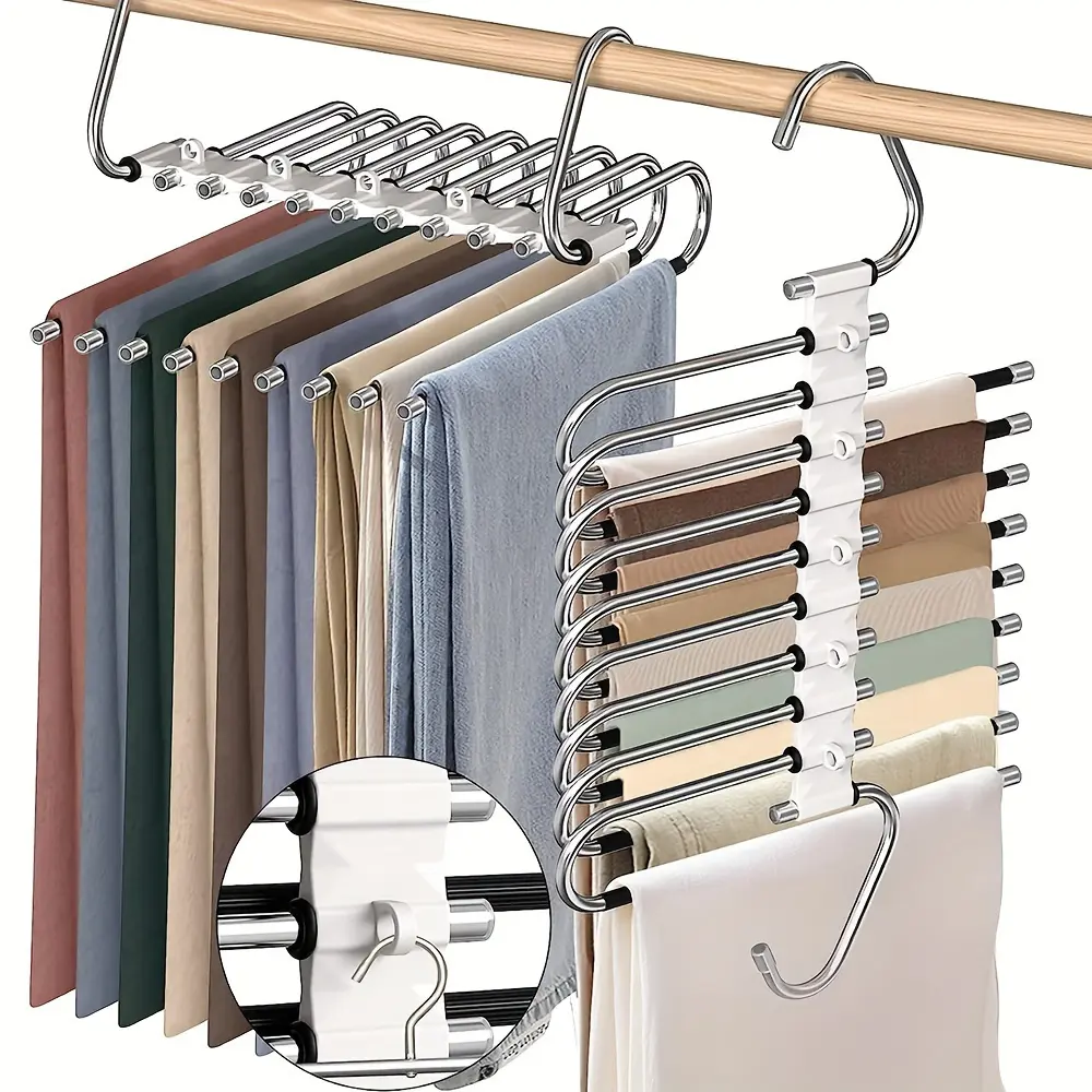 1 space saving 9-layer metal pants rack, stainless steel multi-layer wardrobe rack, suitable for wardrobes, wardrobes, bedrooms - ideal jeans, scarves, and pants, wardrobe space saving |   fashionable metal design |   stainless steel hangers, clothing sto