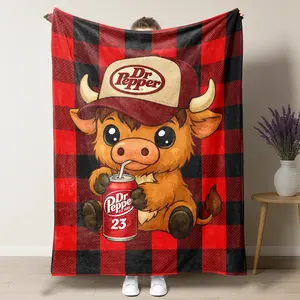 Breathable Flannel Plush Throw Blanket - Dark Cartoon Highland Cow in Hat, Dr Pepper Themed, Red & Black Checkered, Lightweight 1-Count Bedding for Relaxing, Graphic Cow-Themed Throws, Breathable Blanket