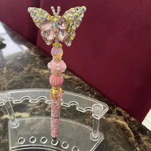 Butterfly Design Pen with Pink Beads and Crystal Accents for Stylish Writing