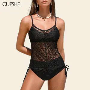 CUPSHE TikTokShopSpringGlowUp Serenity Sands Black Diamond Neckline Adjustable Straps Tankini Set Medium Bust Support Swimsuit Standard Leg Cut Swimwear Beachwear