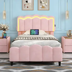 CollaredEagle Upholstered Platform Bed Frame, Soft Beige Velvet with Tufted LED Headboard Footboard for Modern Bedroom Decor