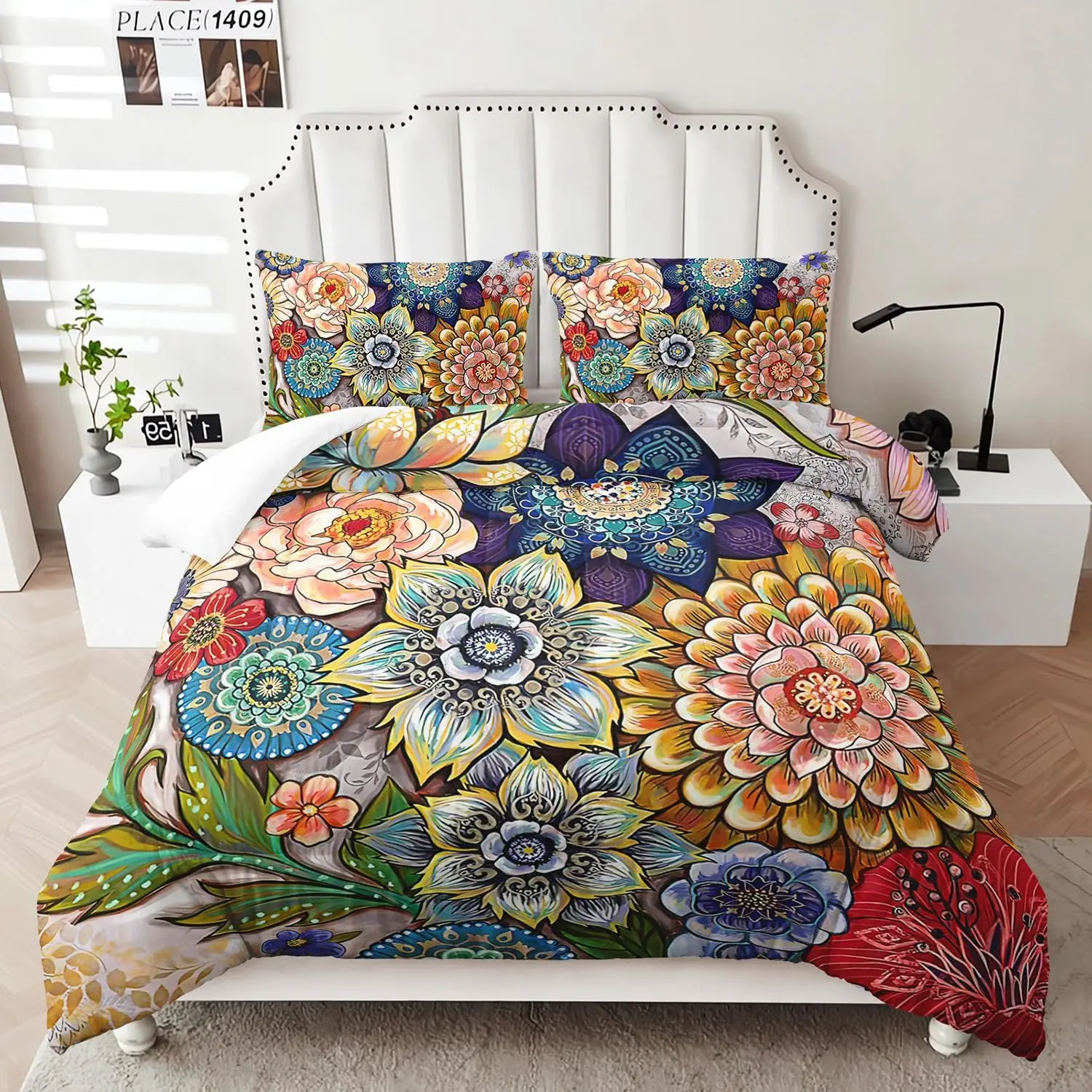 3 Boho Floral Comforter,Bohemian Colorful Flowers Comforter King Size Microfiber Flower Duvet a Bag for Teens and Adults (1 Comforter with 2 Pillowcases)