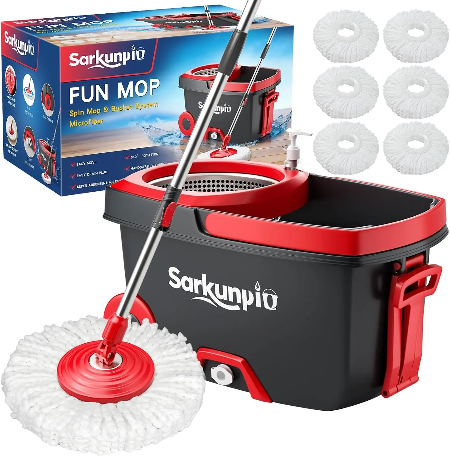 Mop and Bucket Set with Wringer, Spin Mop Floor Cleaning System with 6 Replacement Microfiber Heads & 61" Extra-Long Handle for Home Floor, Dark Grey Sarkunpio