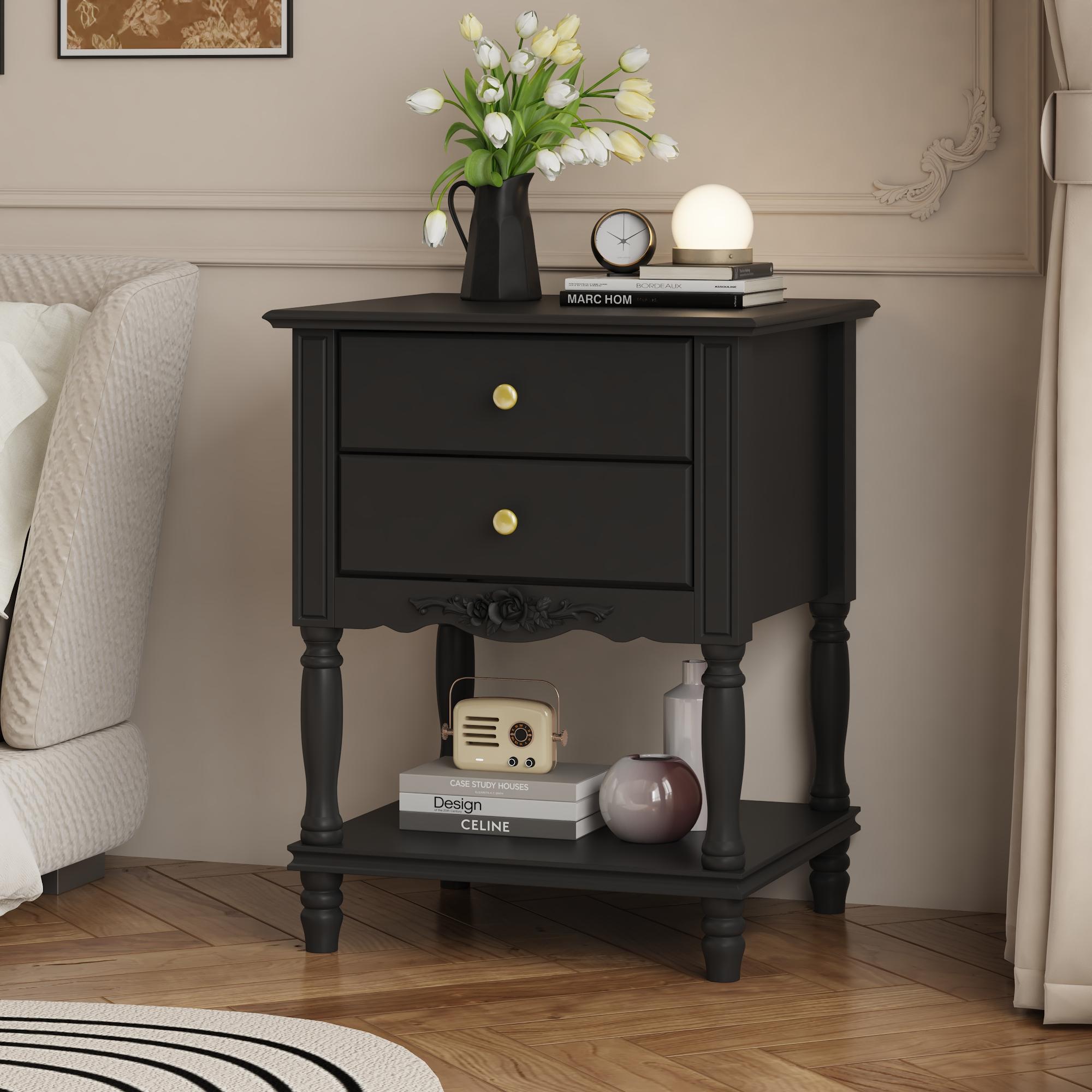FUFU&GAGA Vintage Wooden Nightstand with 2 Drawers and Bottom Shelf, Elegant Bedside Table End Side Table for Bedroom, Living Room