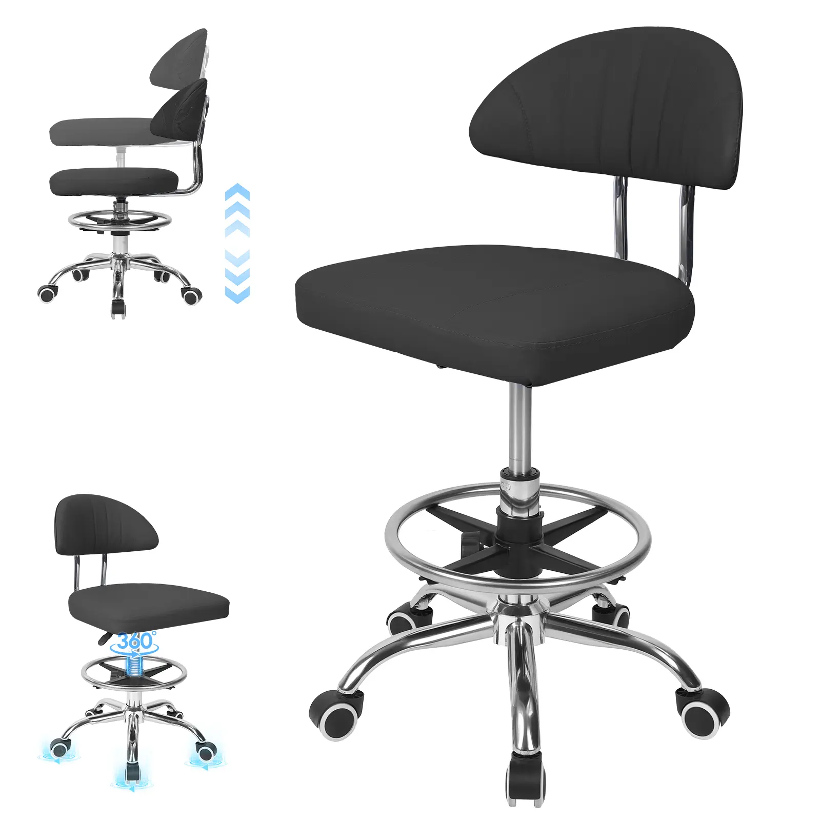 Height Adjustable Office Chair, 360-Degree Swivel Drafting Chair, with Backrest and Foot Rest, 220lbs Load-Bearing, Ergonomic Rolling Computer Chair for Home Office Studio Dental Salon
