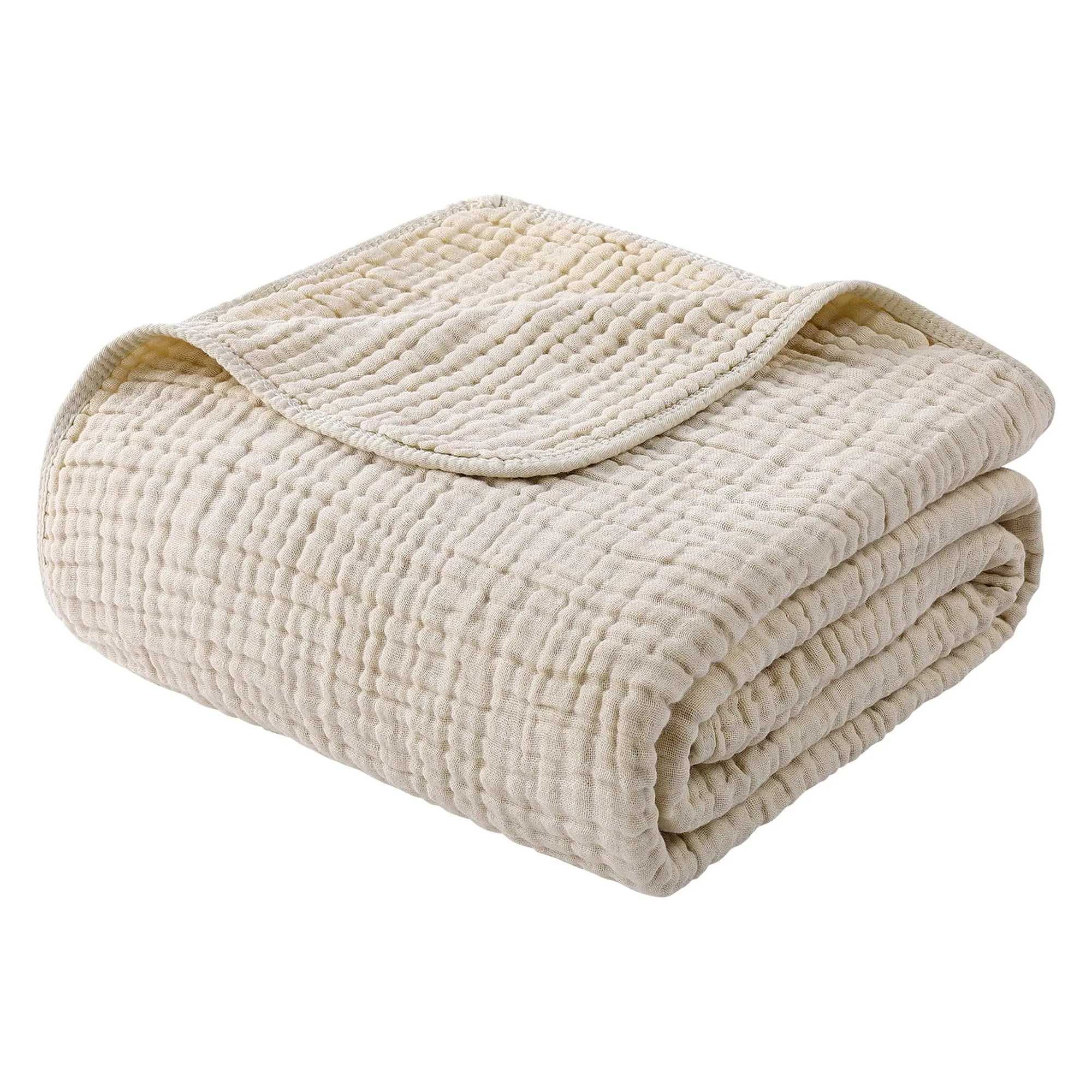 Yoofoss Muslin Blanket 100% Cotton Cooling Throw Blanket Large 60" x 80" for Bed Couch 6-Layer Gauze Blanket for Adults Sofa Cozy and Breathable Apricot White