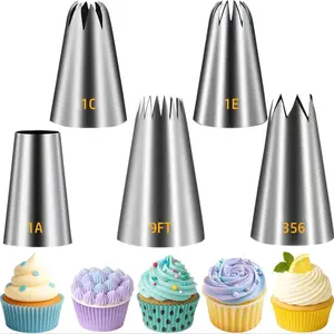 Large Piping Tips Set, Stainless Steel Bakeware Cake Decorating Tips, Baking Tools, 5 Pieces Frosting Icing Tips for Cake Decorating, Cupcakes, Cookie (1A 1E 1C 9FT 356)