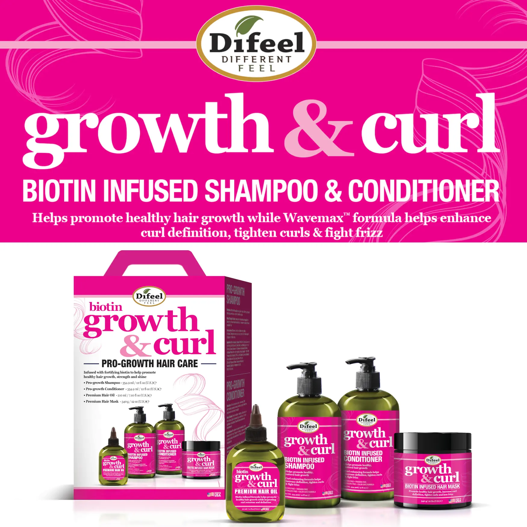 Difeel Growth & Curl Biotin Hair Care Collection 4-PC Gift Box - Includes Faster Growth Shampoo 12oz, Conditioner 12 oz, Hair Mask 12oz and Hair Oil 2.5oz