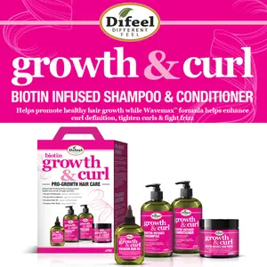 Difeel Growth & Curl Biotin Hair Care Collection 4-PC Gift Box - Includes Faster Growth Shampoo 12oz, Conditioner 12 oz, Hair Mask 12oz and Hair Oil 2.5oz