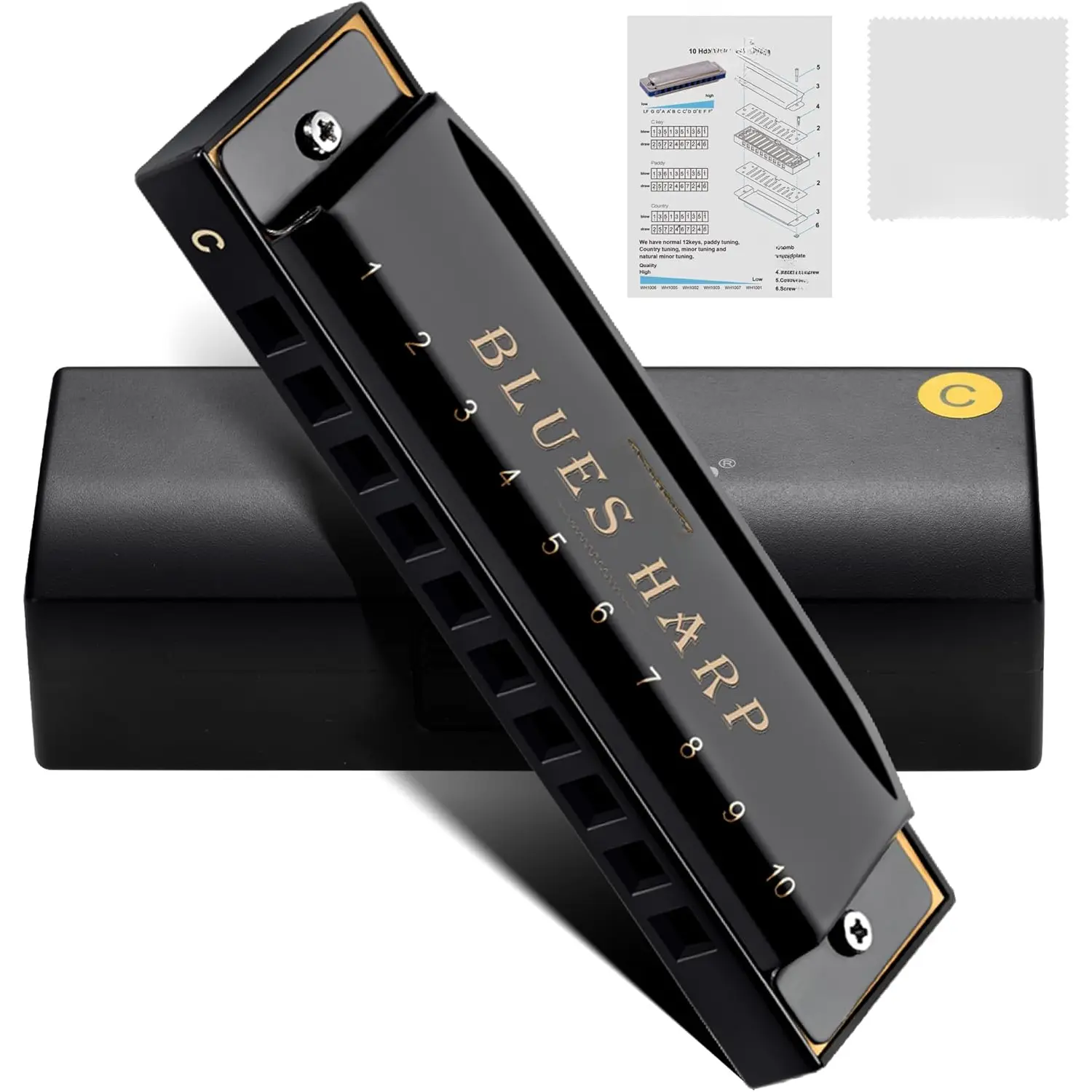 Beginner-Friendly 10-Hole C Key Diatonic Blues Harmonica, Stainless Steel Cover, Phosphor Bronze Reeds, Brass Plate, ABS Plastic Build, Long-Lasting Professional Grade for Adults & Gifts (Black), Diatonic Blues Harp