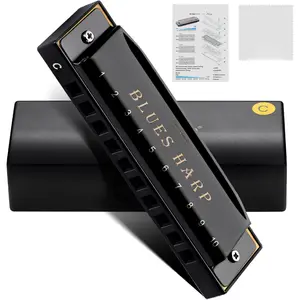 Blues Harmonica for Beginners & , 10 Hole C Key Diatonic Blues Harp with Stainless Steel Cover & Phosphor Bronze Reeds, Professional Grade for Adults, Students, Gifts (Black)