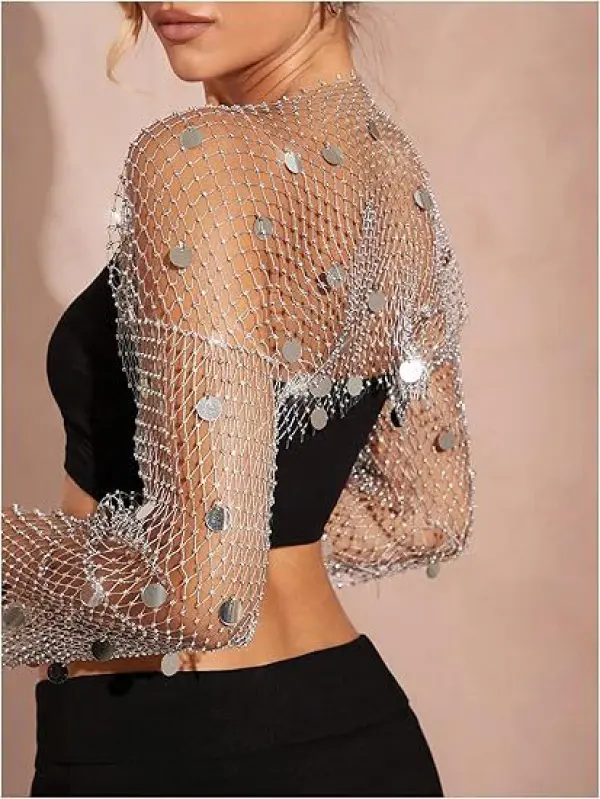 Fishnet Sequin Cardigan Top with Rhinestones Blingbling Coverups Top