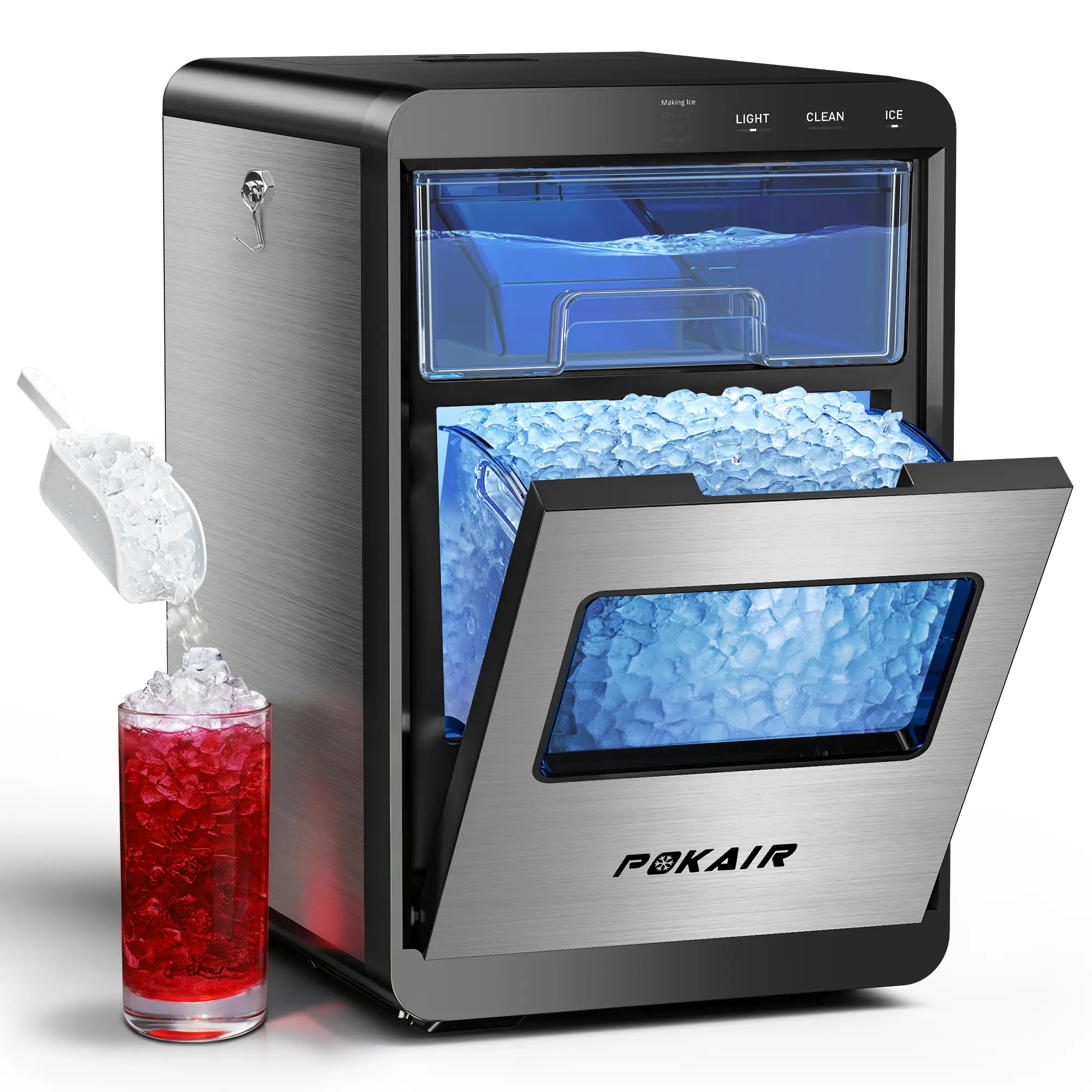 POKAIR Countertop Ice Cube Maker, Portable 44 lbs/Day Capacity Icemaker with 1-Touch Instant Production, Self-Cleaning Stainless Steel, US Plug for Home, RV Use