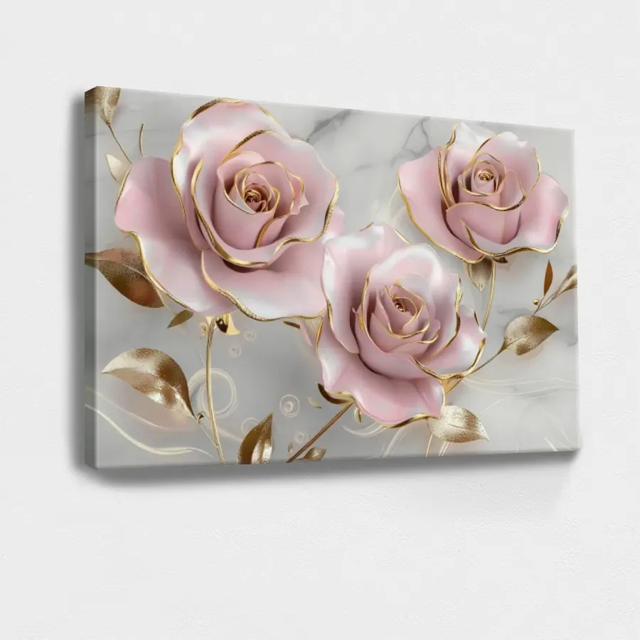 1D Flower Wall Art, Floral Wall Art, Nature Pink, Roses, Floral Arrangement, Gold, Realistic, Elegant, Sophisticated Style, Wall Decor Poster for Room, Wood Framed Canvas Painting Photo Ornaments Artwork Gifts 1pc