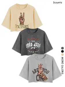 Women's Graphic Print Round Neck Crop Tee, Casual Short Sleeve Crew Neck Loose Fit Lightweight Streetwear T-shirt for Summer, Fashion Women's Top for Daily Wear, Casual Everyday Tops
