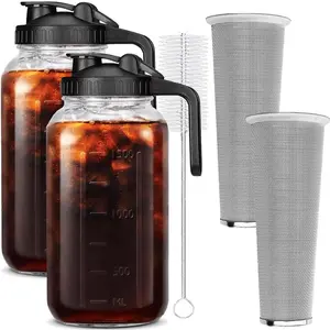 2 Set 64 oz 2 Quart Black Cold Brew Coffee Maker Iced Tea Machines Thick Glass with Pour Spout Handle Lid Stainless Steel Filter for Iced Coffee Fruit Drinks or Sun Tea