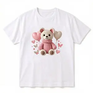 Cute Knitted Teddy Bear with Hearts & Balloons Graphic T-Shirt Kawaii Casual Tee Unisex S-3XL