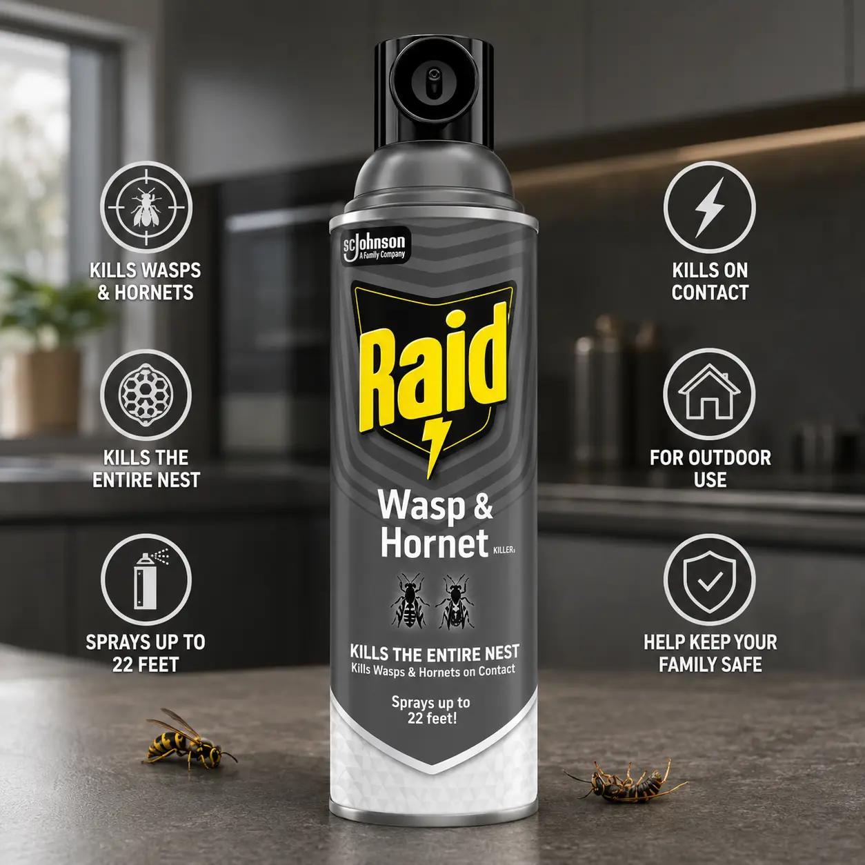 Raid Wasp & Hornet Killer Spray, Kills the Entire Nest, For Paper Wasps, Yellow Jackets, Mud Daubers, and more, 17.5 oz