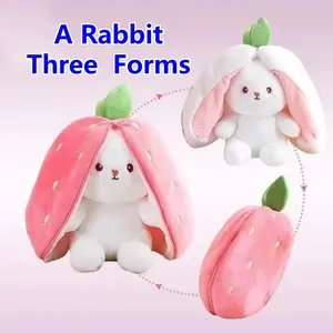 Transformable Bunny Plush Toy, Adorable Fluffy Rabbit Design, Snuggly Companion, Cuddling, Convertible Into Strawberry Carrot Shape, Ideal Gift for Kids, Perfect Gift for Girls on Valentine‘s, Birthdays, Easter, Mother's Day