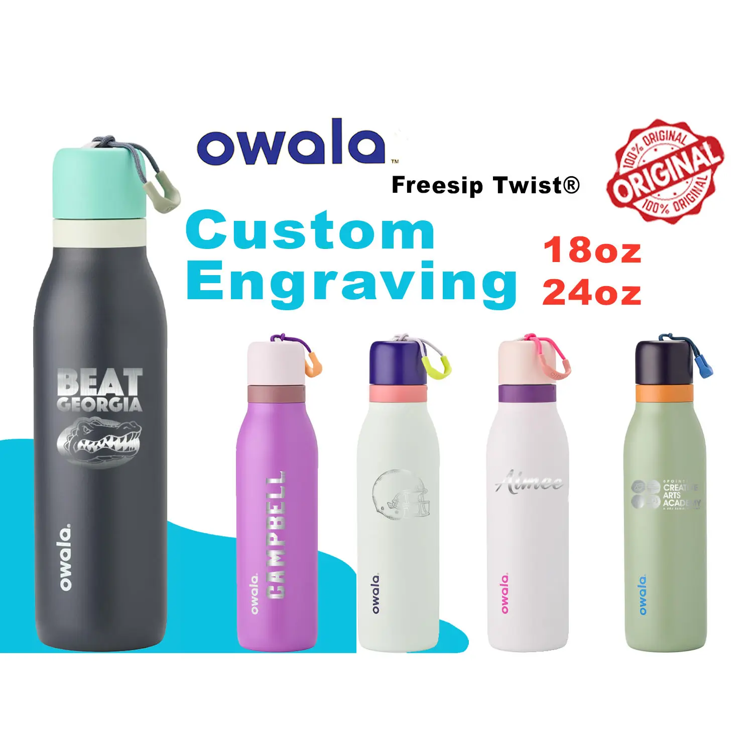 Owala Freesip 16oz Personalized Stainless Steel Water Bottle with Laser Engraving Customization & Reusable Straw for Sports - BPA-Free Vacuum Insulated Leak-Resistant 24-Hour Cold Retention